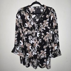 Cocomo Womens 3X Black Neutral Floral Pleated Popover Top Pockets Buttons